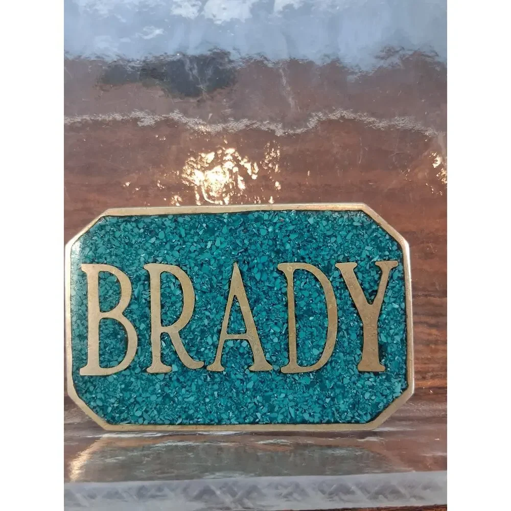 Vintage 1970's Brass Belt Buckle Crushed Turquoise Inlay 
